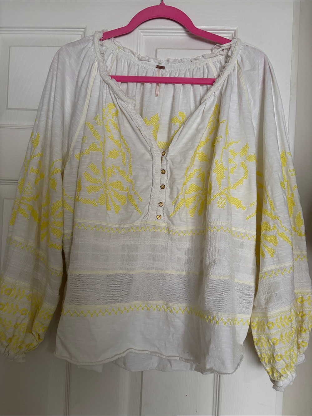 Free People White Tunic with Yellow Embroidered Floral Detail
